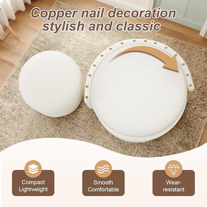 Rolling Round Vanity Chair with Storage, Swivel Makeup Chair with Folding Back, PU Leather Small Upholstered Ottoman for Bedroom Living Room