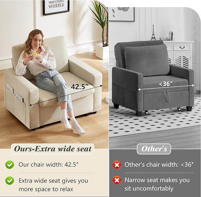 WEUP 42.5" Sleeper Chair Bed, 3-in-1 Oversized Convertible Sleeper Sofa Chair with Pull Out Bed, Reclining Adjustable Backrest/Side Pockets, Tool-Free Assembly, Basic Beige