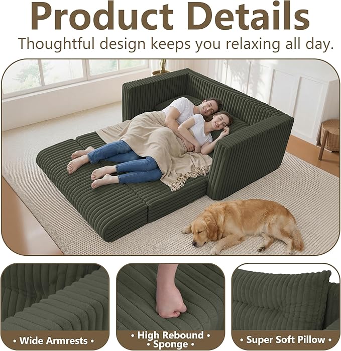 HABUTWAY Folding Sofa Bed, 2 in 1 Convertible Sleeper Chair with Pillow, Portable Fold Out Chair Bed with Armrest, Comfy Floor Couch, Lazy Sofa for Living Room Bedroom Dorm Home Office, Green