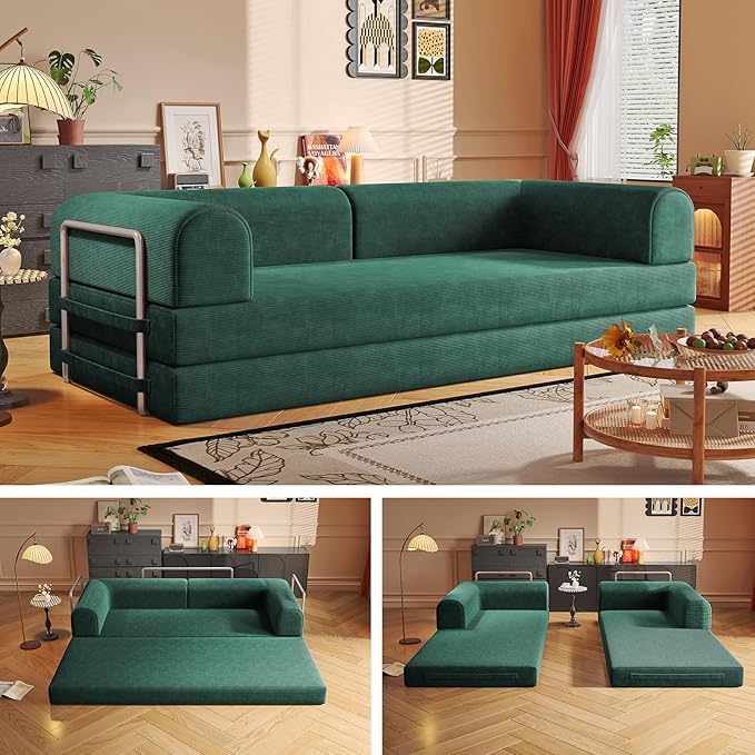 Convertible Sleeper Sofa Bed Boneless Cloud Comfort Green Futon Couch for Lounging & Sleeping, Removable & Washable Corduroy Sofa Cover, Floor Sofa Folding Mattress for Guests, Small Space