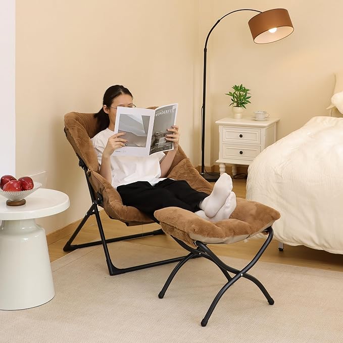 Mordchil HF 15"(H) Folding Ottoman, Foldable Footrest Stool, Portable Small Foot Stool for Couch, Collapsible Foot Rest Ottoman for Sofa, Accent Padded Ottomans for Living Room, Bedroom, Brown