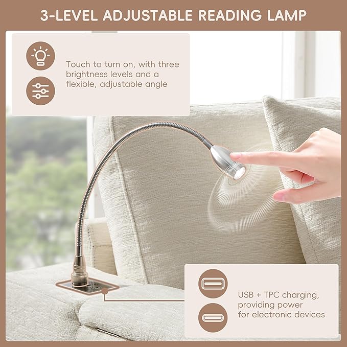Furnimart Oversized Modular Sectional Pull-Out Sofa with Flip-up Table Panel, Reading Lamp, Charging Ports, Movable Storage Ottoman, Tufted Design, 6 Pillows, Free Combination, Chenille Beige