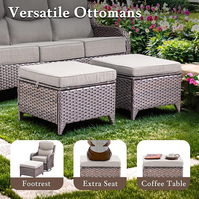 moosprr Luxury High Back Outdoor Furniture with 6-inch Extra Thick Cushions, Patio Furniture Set with Swivel Chairs, 7 PCS Wicker Conversation Set for Yard, Deck, Poolside, Brown/Beige