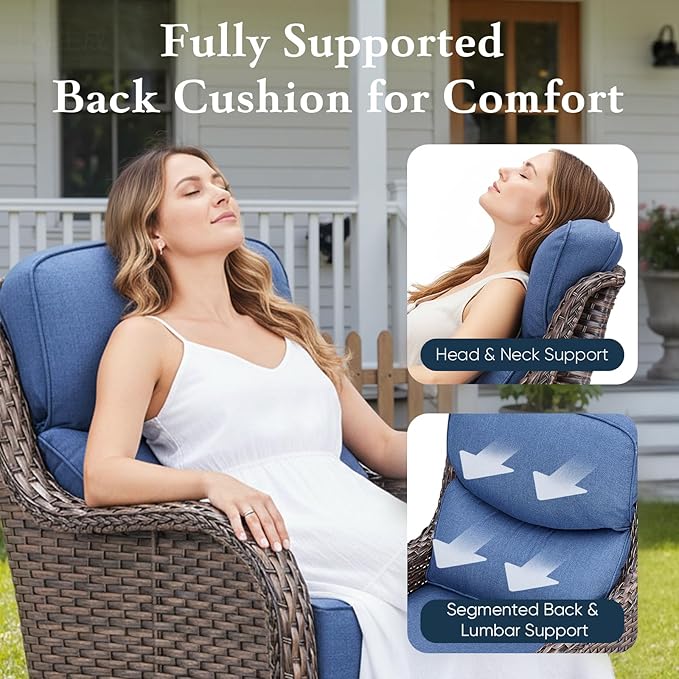 Belord Luxury 6" Thick Cushioned 7 Pieces Patio Furniture Set with Outdoor Couch, Wicker Outdoor Conversation Set with High Back Swivel Rocker Chairs for Deck Porch Yard and Poolside - Brown+Blue