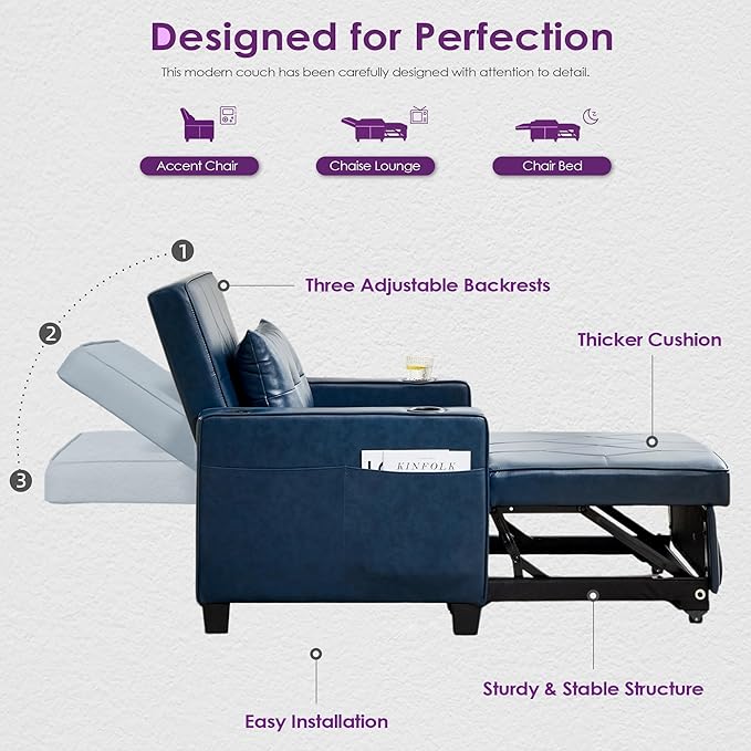 TYBOATLE Leather Convertible Sleeper Chair Bed for Adults, 3-in-1 Pull Out Sofa Chair Bed with USB/Type-C Ports, Cup Holders, Side Pockets, Single Sofa for Living Room, Bedroom, Office (Blue)