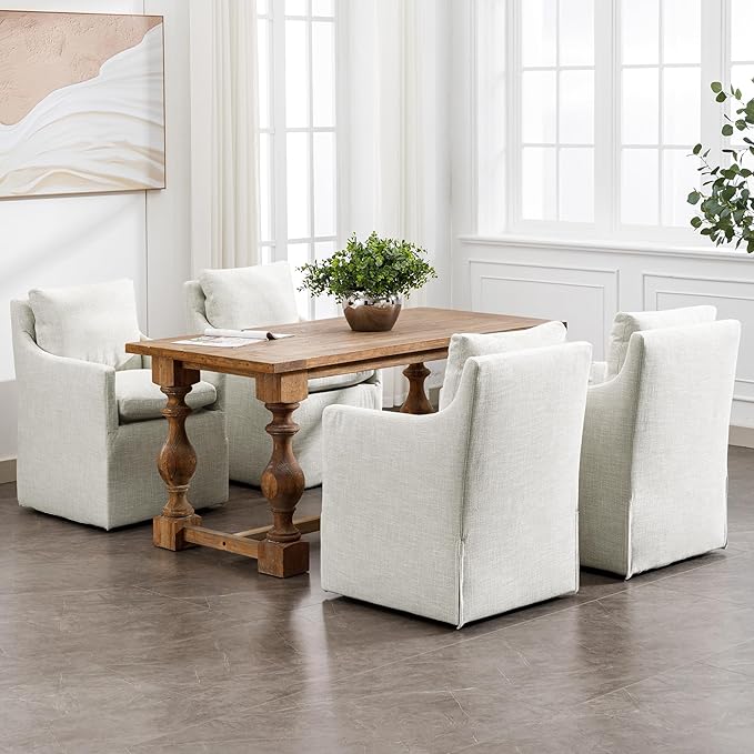 DUHOME Upholstered Dining Chair with Casters,Linen Dining Chairs Set of 4,Single Sofa Chair with 4 Casters,Upholstered Arm Chair for Bedroom Reading Room Waiting Room Kitchen Dining Room
