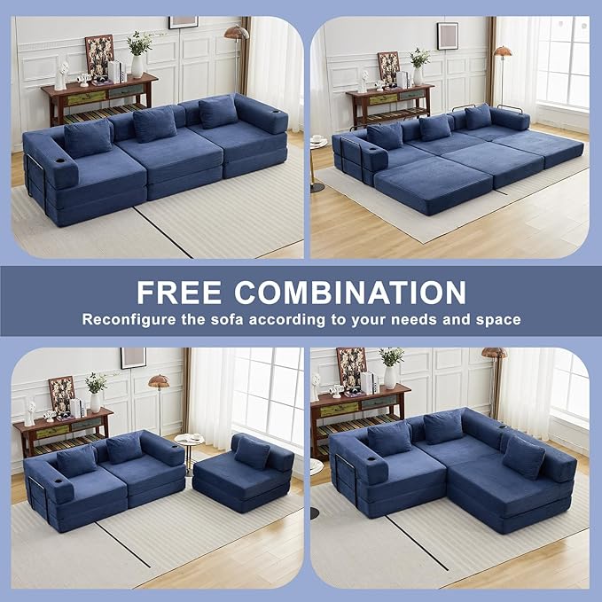 118" Oversized Convertible Floor Sofa Bed, Boneless Foldable Mattress Cloud Couch with Pillow Back & Armrest, Fold Out Floor Couch with Cup Holder for Living Room Bedroom Lounge, Corduroy, Navy Blue