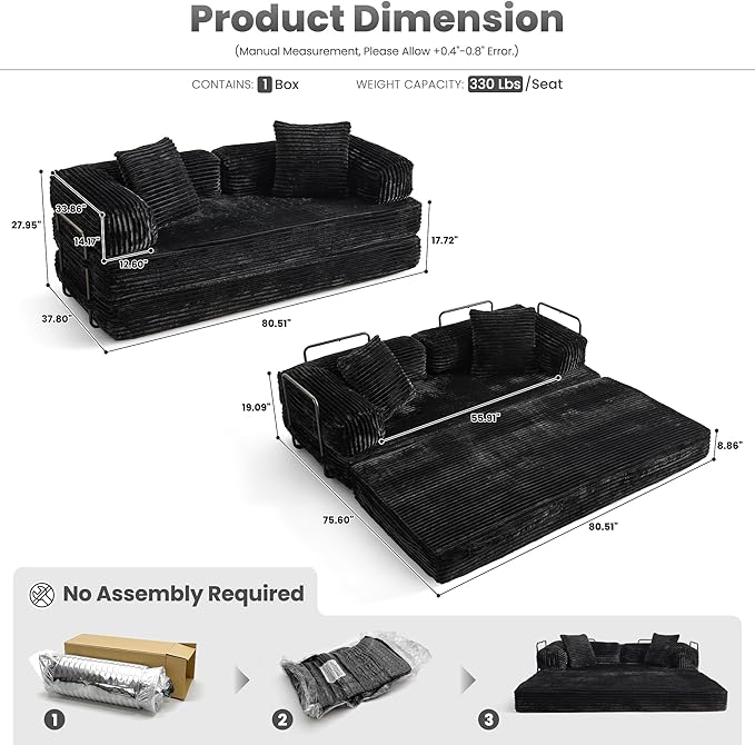 ovios 81" Folding Sofa Bed, Foldable Sleeper Boneless Couch with Pull Out Beds, Modular Convertible Floor Futon Loveseat Lounger for Living Room (Faux Fur, Black)