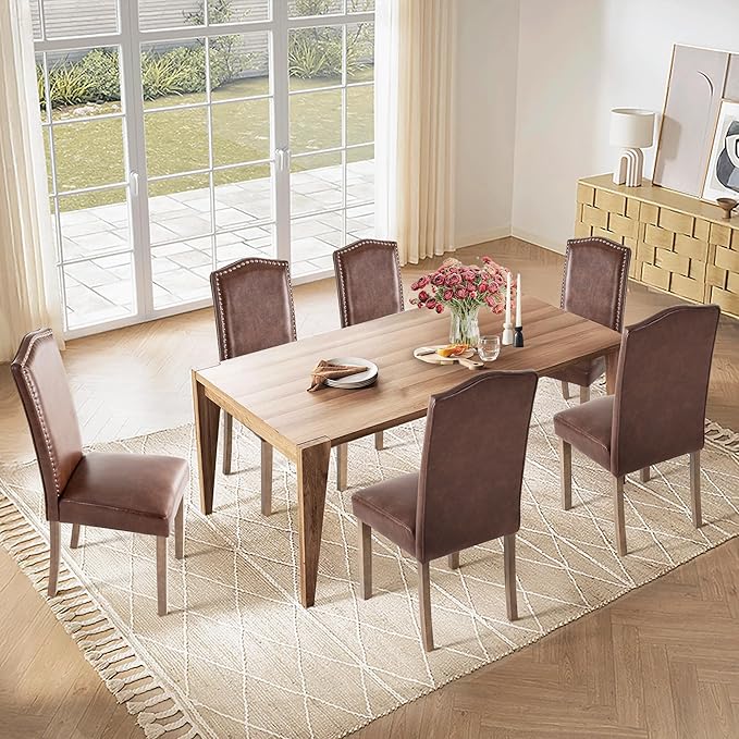 SNUGWAY Upholstered Dining Chair Stylish Parsons Kitchen High Back with Silver Nailhead Trim & Wood Legs, 6-Pack, PU Light Brown