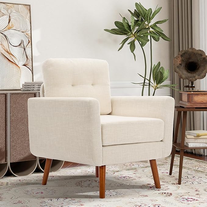 Tbfit Linen Fabric Single Sofa, Accent Chair, Mid Century Modern Armchair for Living Room, Bedroom Button Tufted Upholstered Comfy Reading Sofas, Beige | linen fabric, button tufted, solid wood foot, pocket spring, wood slats frame