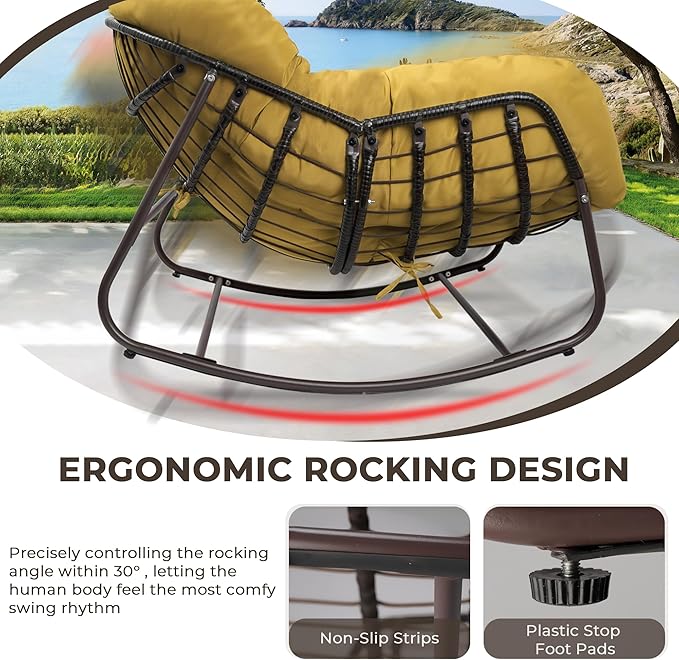 Sgentle Papasan Rocking Chair Outdoor, Oversized Patio Rocking Chair with Cushions & Steel Frame, Wicker Egg Lounge Chair Indoor, Comfy Reading Chair for Patio, Deck, Porch (Yellow, Style 1)