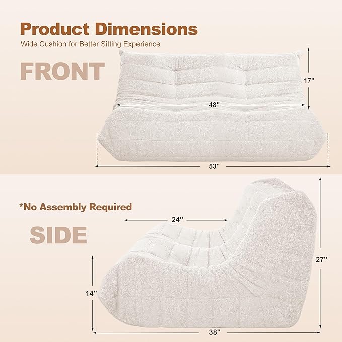 Bean Bag Loveseat Chair Big Sofa Beanbag Chair for Adults Fireside Chair Bean Bag Lounger with Memory Foam Filled for Home,Apartment or Gaming Venue（Beige Teddy）