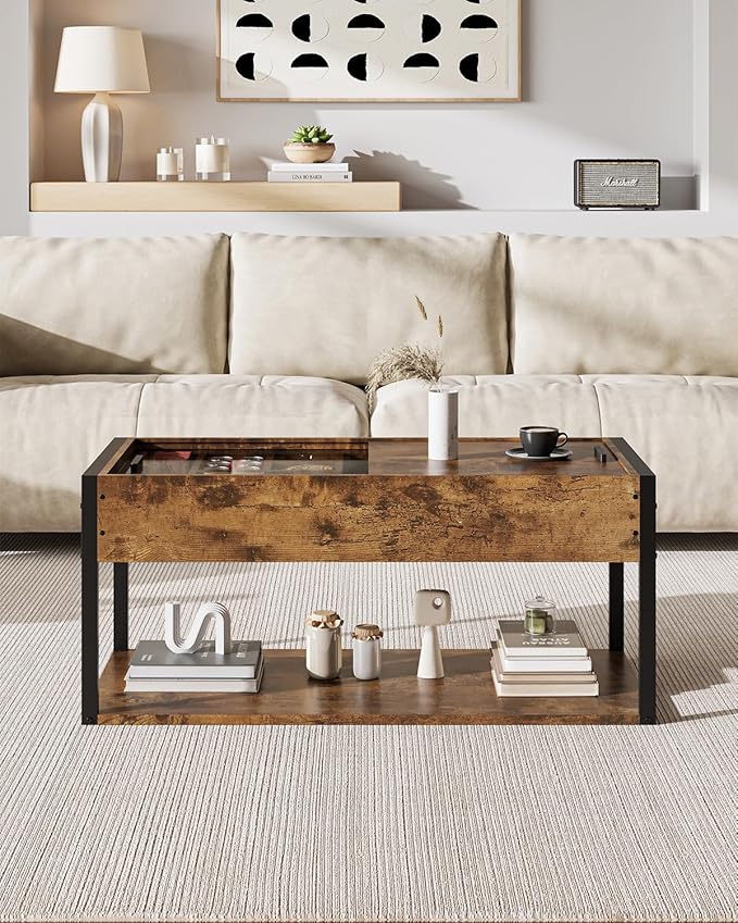 KJGKK Coffee Table, 40" Center Table with Storage Shelf, Rectangle Coffee Table, for Living Room, Toolless, Easy Assembly, Simple Style, Rustic Brown (Colonial)