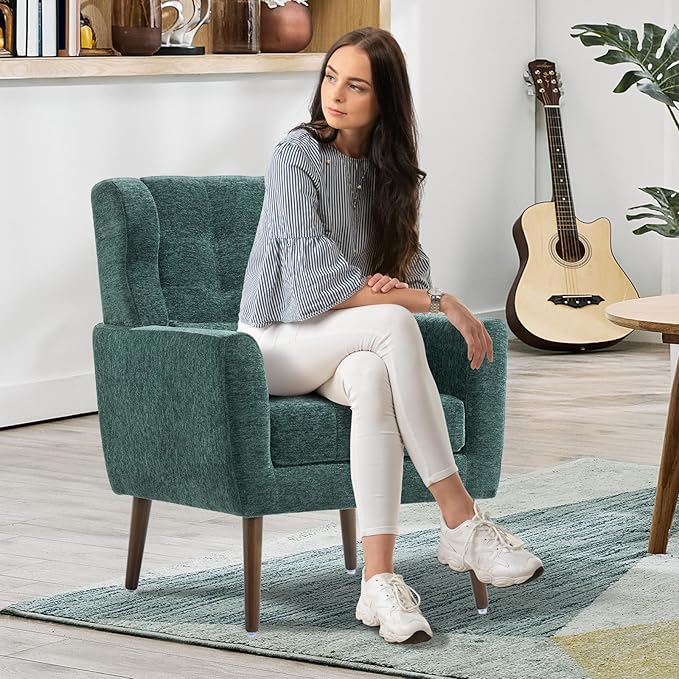 QKFF Modern Accent Chair, Upholstered Armchair with Pillow, Fabric Single Sofa Chair with Lounge Seat and Wood Legs Accent Chair for Living Room Bedroom Small Spaces (Blackish Green, Set of 2)
