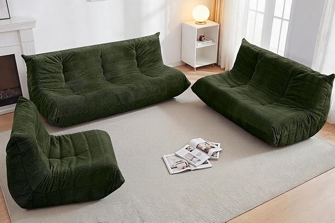 Bean Bag Chair,Giant Beanbag Chairs for Adults,Comfy Large Fireside Chair Lazy Sofa,Corduroy Bean Bag Lounger with Memory Foam Filled,Floor Sofa Couch for Home,Living Room (Green, 3-Seater)