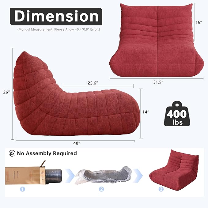 Bean Bag Chairs for Adults, BeanBag Reading Chair Memory Foam Couch, Floor Chair Soft Teddy Material, Comfy Reading Nook Chairs for Bedroom Living Room Office (Wine Red)