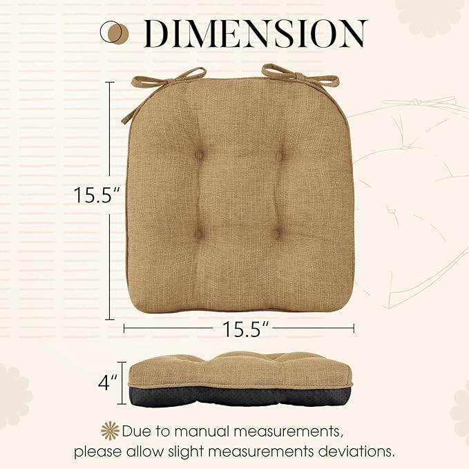 Basic Beyond Chair Cushions for Dining Chairs 4 Pack, Chair Cushion with Ties and Non Slip Backing, 15.5 x 15.5 inches Tufted Chair Pads for Dining Chairs(Taupe)