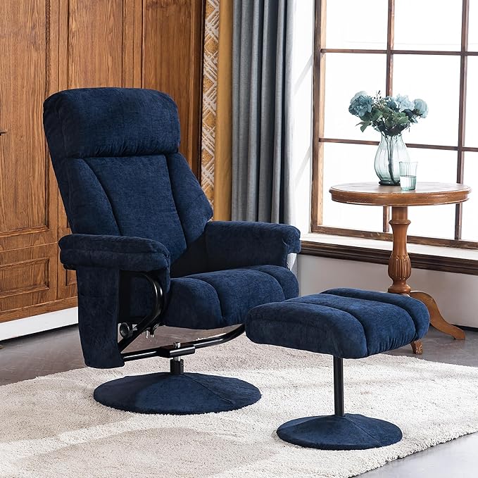 MCombo Swivel Recliner with Ottoman, TV Chair with Vibration Massage, Ideal for RV Small Space, Living Room & Bedroom 4828 (Textile, Blue)