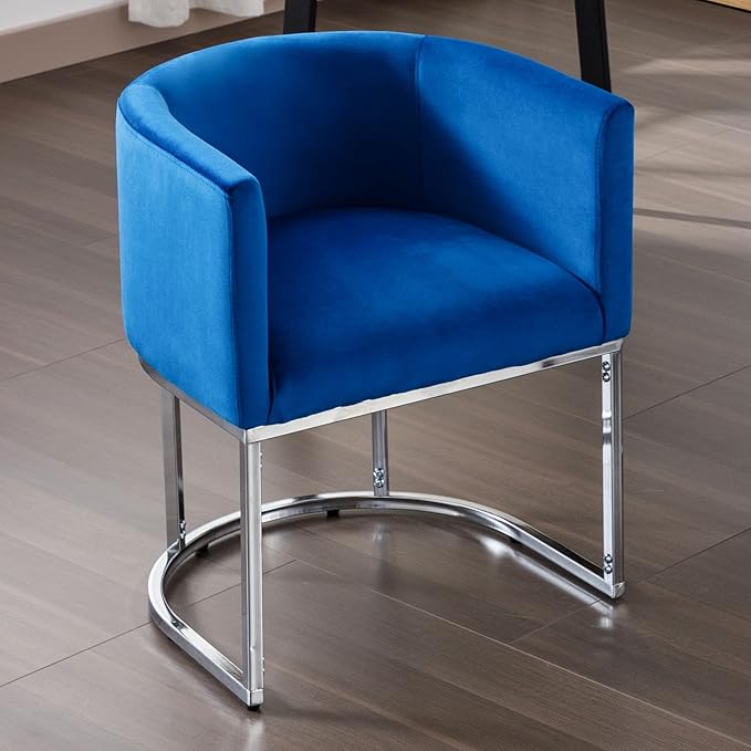 VESCASA Velvet Upholstered Dining Chair with Barrel Back, Mid Century Modern Padded Restaurant Chair with Chrome Metal Frame for Kitchen, Dining Room, 1 Piece, Blue