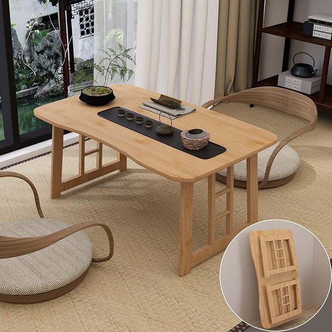 Japanese Bamboo Folding Floor Table – Portable Collapsible Tatami Coffee Table, No-Assembly Foldable Low Table for Sitting on the Floor, Compact Space-Saving Design for Home, Tea Room & Camping (Wood)