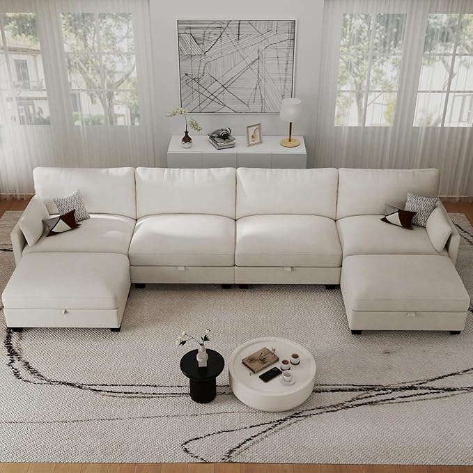 Modular Sectional U Shaped Sofa Couches for Living Room, Cloud Couch with Storage Ottoman, Comfy Chenille Sofa with Pillow, Beige