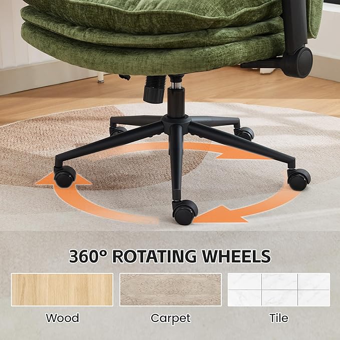 Criss Cross Chair with Flip-up Arms, Wide Criss Legged Chair with 3 Layer Cushion, Ergonomic Office Desk Chair with Wheels, Swivel Vanity Chair for Office, Living Room, Bedroom, Chenille Green