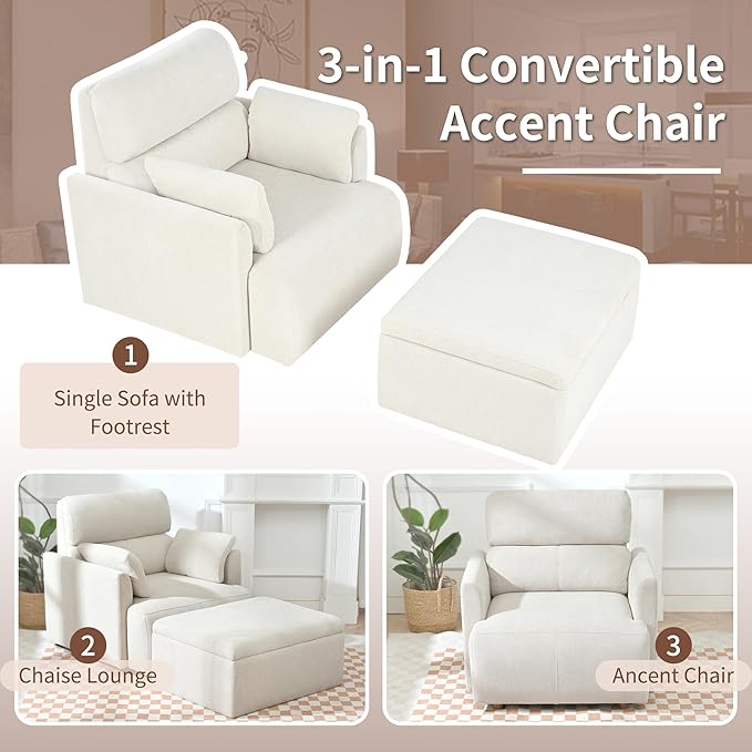 Snowflake Fleece Oversized Accent Chair with Storage Ottoman - 26.57" Wide Deep Seat Reading Chair, Convertible Daybed, 400lbs Capacity for Living Room & Apartment (Beige)