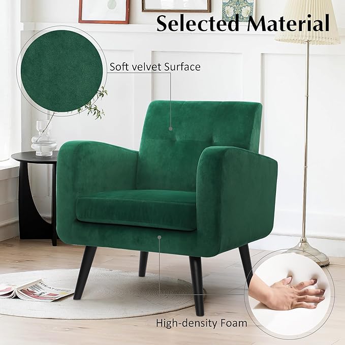 LSSPAID Accent Chair, Modern Velvet Living Room Chairs, Comfy Upholstered Armchairs Single Sofa Chair with Solid Wood Legs, Green