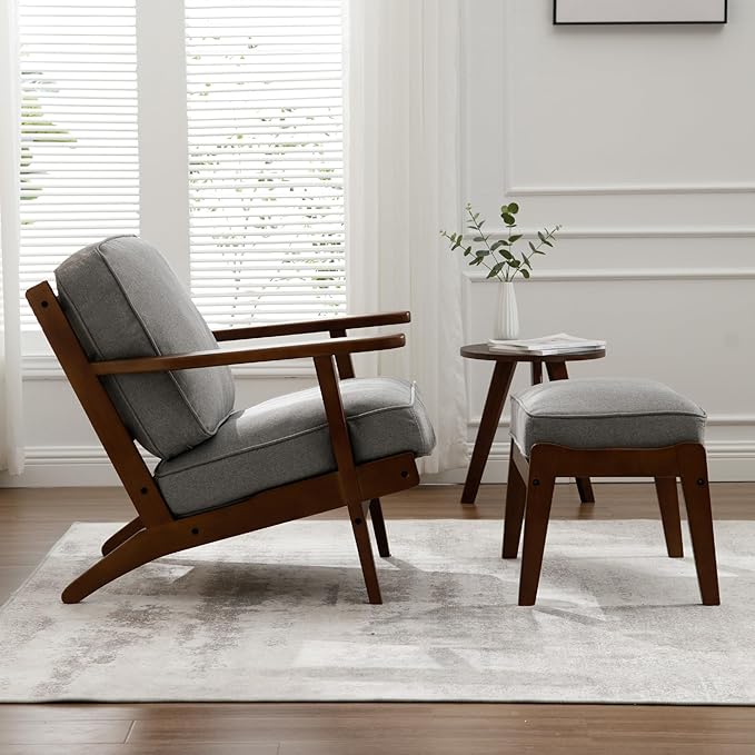 chairus Mid-Century Modern Accent Chairs with Ottoman Set of 2 Linen Fabric Upholstered Living Room Chairs for Bedroom Reading Room Lounge with Arm & Solid Wood Frame, Fabric Grey