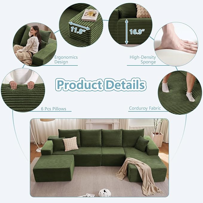 135.4" W Cloud Sectional Couch with Ottoman,Modern U-Shaped Cloud Couch with Deep Seat,Comfy Corduroy 4-Seater Sofa,Memory Foam Sofa for Living Room,No Assembly (Green,Right-Facing Chaise)
