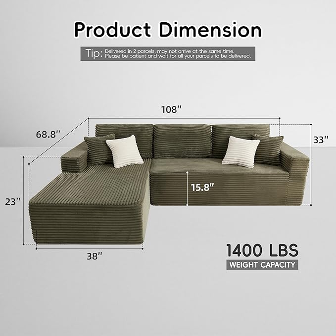 Opiesit 108" Boneless Couches for Living Room, Modular Sectional Sofa with Oversized Chaise, L-Shape Cloud Couch with Deep Seat, High-Density Memory Foam, No Assembly Required, Plush Corduroy Green