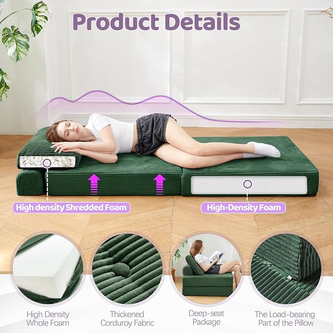 Folding Sofa Bed,3-in-1 Convertible Sleeper Chair Corduroy High-Density Foam with Pillow, Foldable Single Futon Chair for Living Room、 Bedroom 、Hotel、 Apartment, Single, Emerald Green