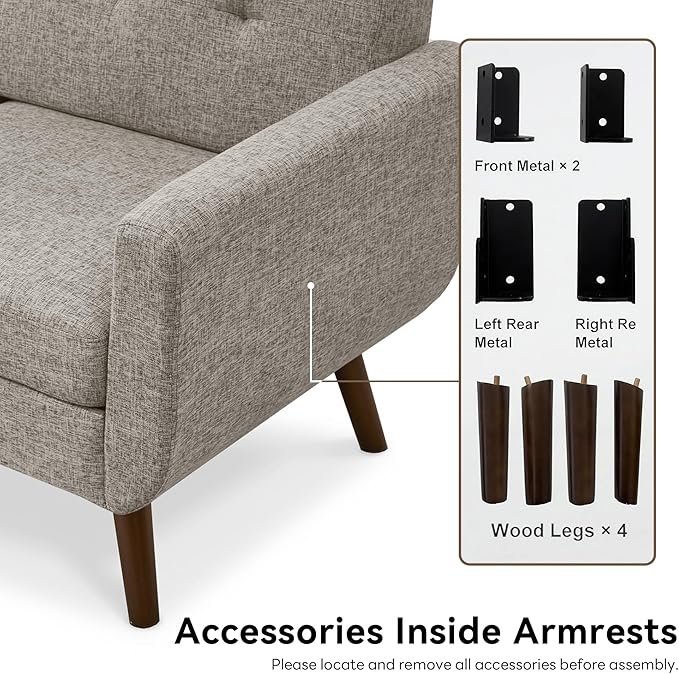 Tbfit Loveseat Sofa, 65" W Mid Century Modern Love Seat Couches for Living Room, Button Tufted Upholstered Small Couch for Bedroom, Solid and Easy to Install Love Seats Furniture, Grey