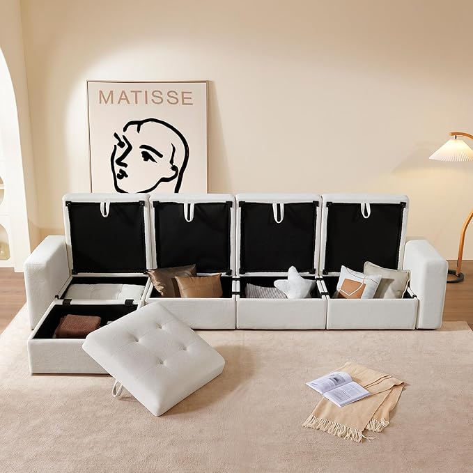 ORRD Modular Sectional Couch, Convertible Sofa with Storage, 3 Seater Sofa Modular with Reversible Chaise for Living Room, Office (Beige White)