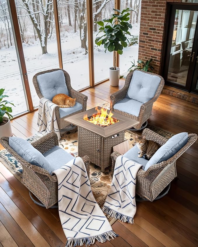 ACTREST Outdoor Patio Swivel Gliders with Fire Pit Table 5 Piece Set - High Back Brown Wicker Rattan Rocking Chair with Thick Cushion for Porch Apartment Deck Yard Poolside Garden - Baby Blue