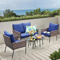 SunloungeCo Patio Furniture Set, 5-Piece Wider Outdoor Metal Seating Sofa with High Back & Lovsest, Coffee Ta ble, All Weather Rattan Conversation for Garden,Backyard, Poolside-Navy