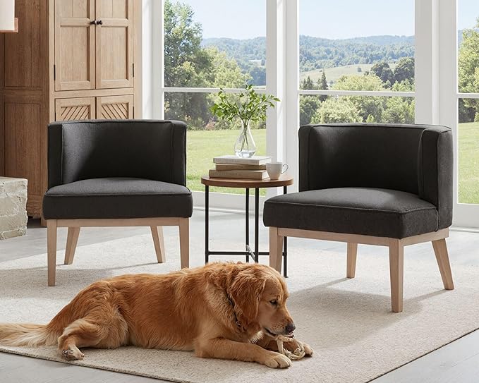Comfy Barrel Chair Mid Century Modern Accent Chair with Solid Wood Leg Upholstered Reading Chairs Linen Fabric Waiting Room Round Side Chairs for Living Room Bedroom Office, Charcoal