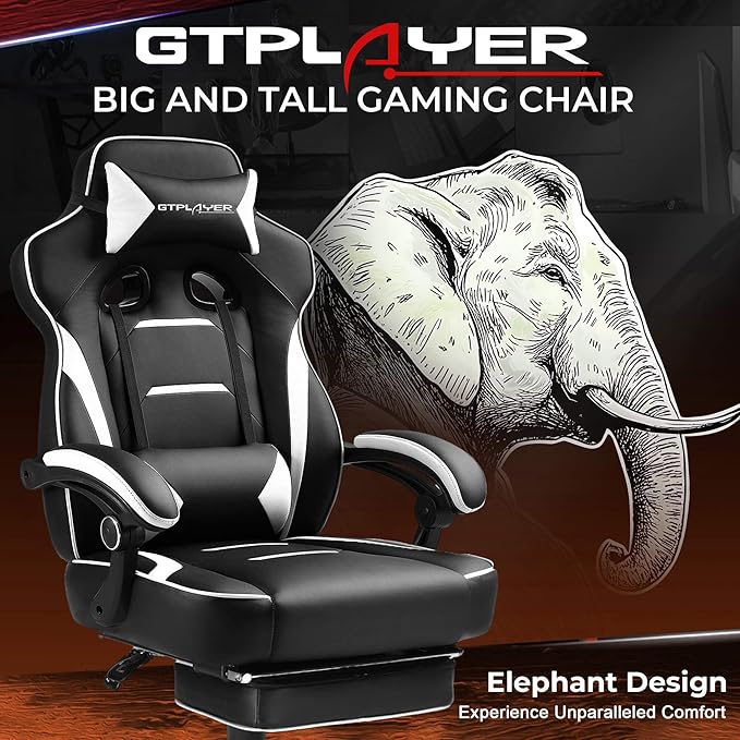 GTPLAYER Gaming Chair with Footrest, Big and Tall Game Chair 350lb Racing Style Computer Chair, Ergonomic Executive Office Chair High Back with Lumbar Support and Recliner, White