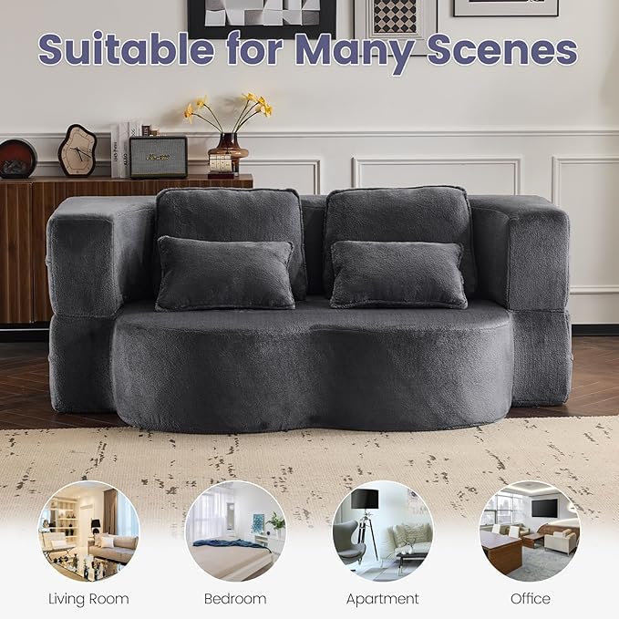 Orynveela Convertible Folding Sofa Bed, 78” Full Size Floor Sleeper Couch, Chenille Full Foam Futon Loveseat for Living Room Bedroom, No Assembly Required (Grey)
