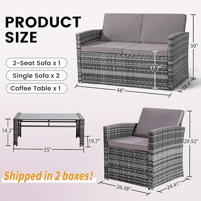 4 Pieces Patio Conversation Set, Outside Rattan Sectional Sofa, Cushioned Furniture Set, Wicker Sofa Ideal for Garden, Porch, Backyard, Grey Color Rattan and Light Grey Cushion