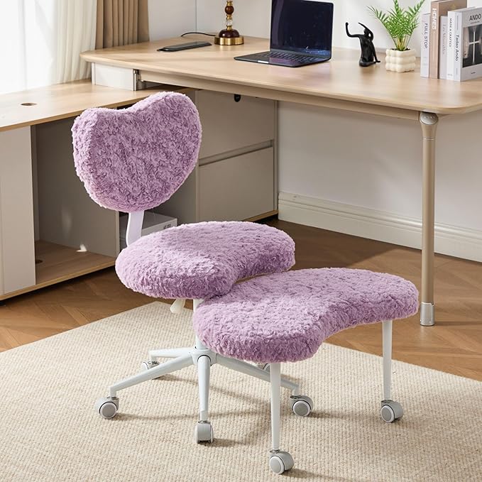 Meditation Chair with Lumbar Support,360° Swivel Cross Legged Chair with Wheels, Ergonomic Cross Legged Office Chair for Adults with ADHD, Height-Adjustable Yoga Chair,Faux Fur, Violet