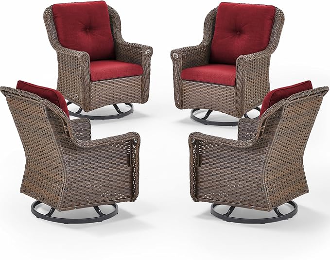 ACTREST Patio Chairs Outdoor Swivel Glider - Set of 4 High Back Outside Brown Wicker Rattan Rocking Chair with Thick Cushion for Porch Apartment Deck Yard Poolside Garden - Red