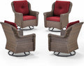 ACTREST Patio Chairs Outdoor Swivel Glider - Set of 4 High Back Outside Brown Wicker Rattan Rocking Chair with Thick Cushion for Porch Apartment Deck Yard Poolside Garden - Red