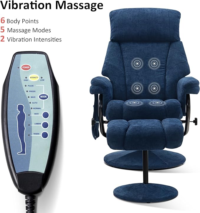 MCombo Swivel Recliner with Ottoman, TV Chair with Vibration Massage, Ideal for RV Small Space, Living Room & Bedroom 4828 (Textile, Blue)