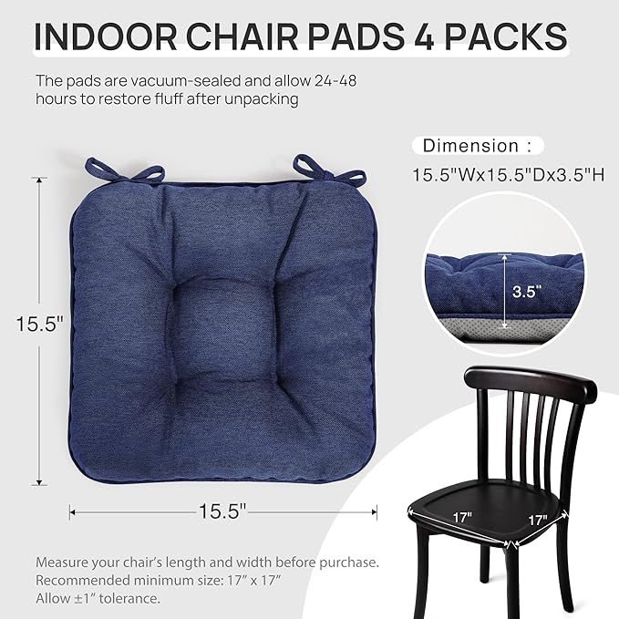 Love's cabin Memory Foam Chair Cushions Set of 4, Outdoor/Indoor Chair Pads for Dining Chairs 4 Pack, Seat Cushions for Kitchen, Dining Room, Office, Patio Chairs, 15.5"x15.5"x3.5" Navy Blue