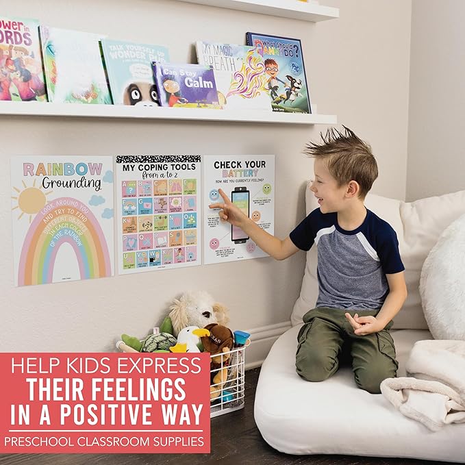 Hadley Designs 9 Calming Corner Posters For Classroom Must Haves For Teachers - 11x14 Calm Down Corner Supplies, Feelings Chart For Kids Ages 4-8, Feelings Wheel Poster, Pastel Classroom Decor