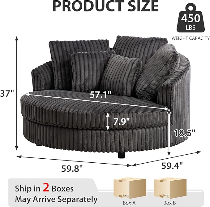 Chifee & Vingol 59.8" W Oversized Accent Round Chair Large Barrel Chair with Wheels & 5 Pillows, Faux Fur Fabric - Charcoal
