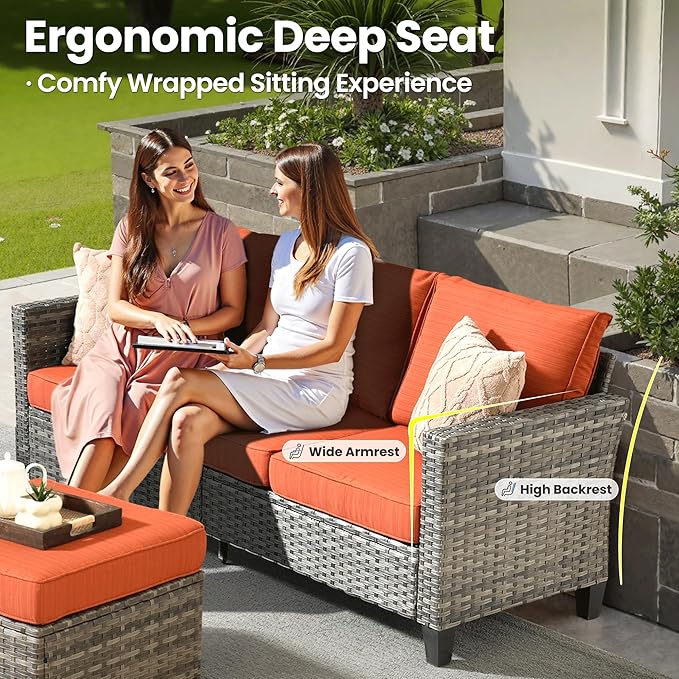 ovios 7 Pieces Patio Furniture Set, Outdoor Wicker Sofa Couch with Rocking Swivel Chairs Fire Pit Table, Modern Deep Seat Rattan Conversation Sets for Deck Porch, Grey