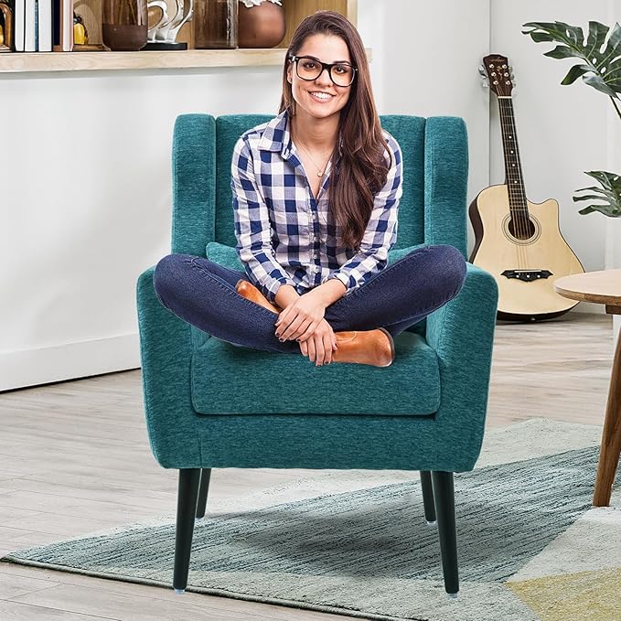 QKFF Modern Accent Chair, Upholstered Armchair with Pillow, Fabric Single Sofa Chair with Lounge Seat and Wood Legs Accent Chair for Living Room Bedroom Small Spaces (Teal)