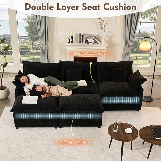 GOSUHI 108" U Shaped Couch, Modular Sectional Sofa, 3-Seater Comfy Cloud Couch with Movable Ottoman, Deep Seat Couches for Living Room, Chenille, Black